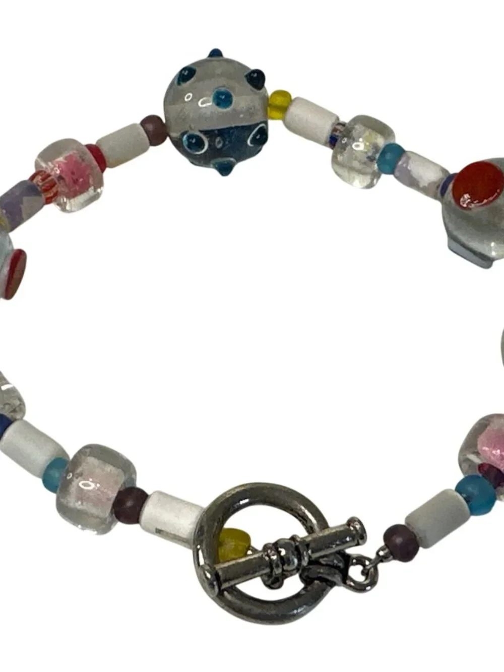 Beaded Bracelet Colorful Glass Toggle Clasp Handmade Artsy Colorful Chunky 7.5